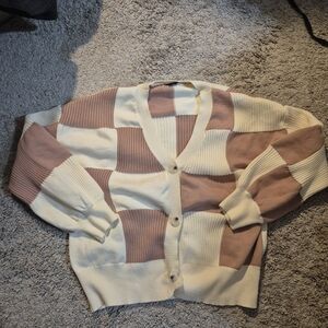 Elegant Cream and Tan Patchwork Cardigan